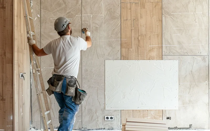 plasterboard-worker-installs-plasterboard-wall-kitchen-cabinets